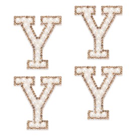 sourcing map 10Pcs Iron on Letters Patches, Letter Y Rhinestone Pearl Alphabet Applique English Letter Sew on Patch for DIY Clothing Hat Bag, White Gold
