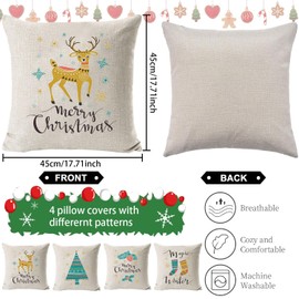 Sunshine smile Set of 4 Cushion Covers Christmas, Merry Christmas, Home Decor Linen Decorative Cushion Cover, Snowflake Reindeer and Santa Claus Pattern, 45 x 45 cm (A)