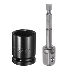 sourcing map Deep 6-Point Impact Socket 1/2" Drive 22mm Metric Socket 1.5" Length with 1/4" Hex Shank Adapter, CR-V Steel Socket Adapter Accessory Tool Set Kit for Hex Bolts Nuts