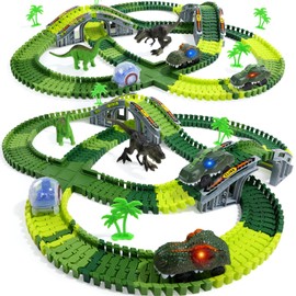 EagleStone Dinosaur Race Track Set for Kids – 233 PCS Flexible Race Tracks,2 Electric Dino Cars with Light, 2 Dino Figures,Christmas Birthday Gift for 3-8 Year Old Boys and Girls