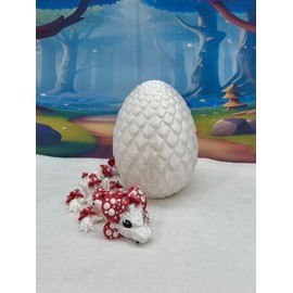 3D Printed Dragon with Egg and Articulated Mouth - White and Red Mushroom Dragon, ADHD and Autism Sensory Fidget Toy - BD006