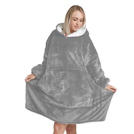 Oversized Hoodie Blanket Unisex Ultra Soft Sherpa Fleece Oodies | Light Grey Wearable Blanket with Hood & Pockets One Size Fits All, Warm & Cozy Loungewear for Men Women