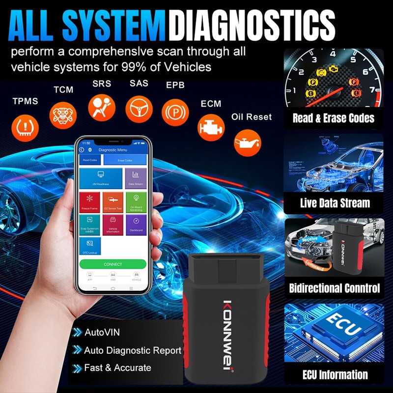 KONNWEI KDIAG OBD2 Scanner Bluetooth - Full System Diagnostic Tool