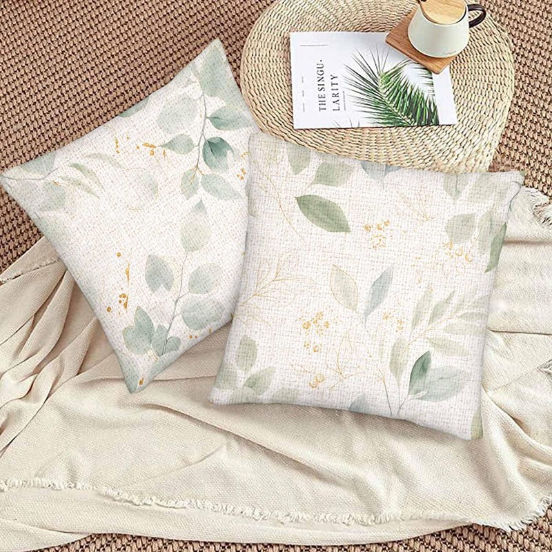 Botanical Plant Throw Pillow Covers Set of 2,Green Gold Floral
