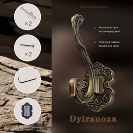 Dylrauoza Vintage Brass Coat Hooks Wall Mount - Heavy Duty Rustproof Decor for Hanging Jackets, Hats & Towels - Easy Install Kit for Bathroom, Bedroom & Entryway, 2pcs