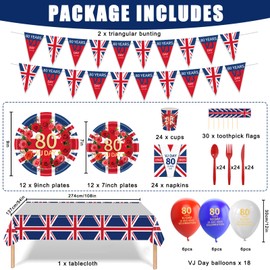 YOFANUP VJ Day 80th Anniversary Decorations, 200 Pcs 2025 VJ Day Party Supplies,Banner & Balloons & Bunting & Tablecloths & Reusable Tableware & Napkins & Toothpick Flags For Party