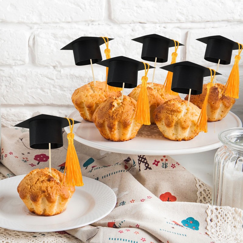 Gyufise 24Pcs 2024 Graduation Cap Cupcake Toppers with Gold Tassel