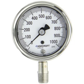 Ashcroft Duralife Type 1009SW Stainless Steel Case Dry Filled Pressure Gauge, Stainless Steel Tube and Socket, 2-1/2" Dial Size, 1/4" NPT Lower Connection, 0/1000 psi Pressure Range