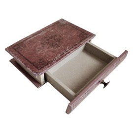 XIAOAIKA Book Storage Box with Drawer, Distressed Reddish Brown Faux Leather Cover with Classic Damask Pattern, Hidden Vintage-Style Organizer for Jewelry or Keepsakes, 9.5″ x 6.7″ x 2″