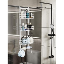 Consumest Over The Door Shower Caddy - 4 Tier Adjustable Hanging Shower Caddy Shower Shelf with 2 Soap Holders & 22 Hooks, Rustproof Easy Installation Shower Organizer Hanging for Bathroom, White