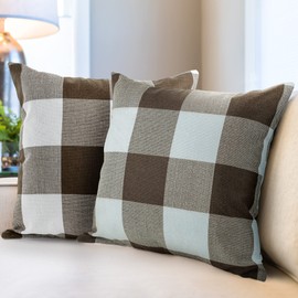 Zulay Home Pack of 2 Buffalo Plaid Throw Pillow Covers - Farmhouse Porch Pillows Outdoor & Indoor Covers - Polyester Buffalo Plaid Pillow Covers (16x16 Inch, Brown & White)