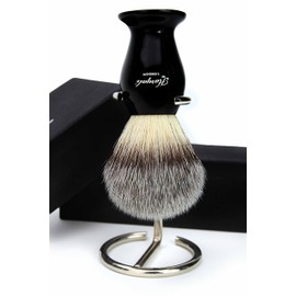Syntactic (Badger Looking) Hair Shaving Brush with Black Handle/Base and Shaving Brush Stand/Holder. Perfect for Good Shave Gifts for Brothers