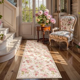 Lahome Floral Runners for Hallways Non Slip, 2x6 Washable Kitchen Runner Rug, Soft Boho Throw Carpet for ‎Girls Bedside Bedroom Laundry Bathroom Beige/Pink/Multi