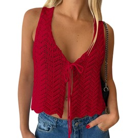 LILLUSORY Crochet Tops for Women Summer Vacation Outfits Beach Coverup Going Out Tie Front Spring Sweater Vest 2025 Fashion Red L
