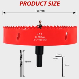 KACNON Hole Saw 165 mm, Universal High-Speed Steel HSS M42 Bi-Metal Hole Saws with Hex Shank and Drill, Complete Sizes, for Wood, Plastic, Plasterboard, Sheet Metal, Red