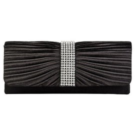 Eleoption Womens Satin Diamante Ladies Pleated Bow Wedding Bridal Prom Handbag Clutch Bag, Black(Size: X-Large)