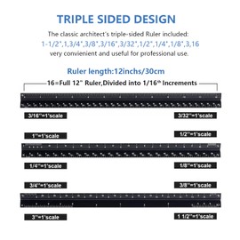 Architectural Scale Ruler with Straight Ruler, 12 Inches Imperial Measurements, Blcak Laser-Etched Aluminum Architect Triangular Ruler for Architects, Engineers, Architects, Students and Draftsman