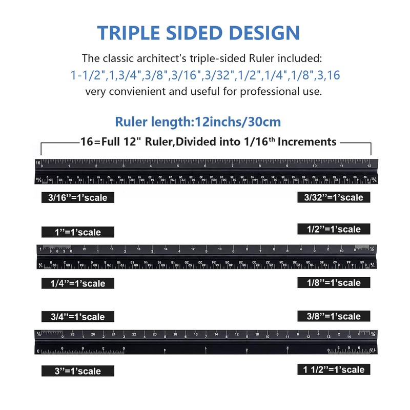 Architectural Scale Ruler with Straight Ruler, 12 Inches Imperial Measurements,