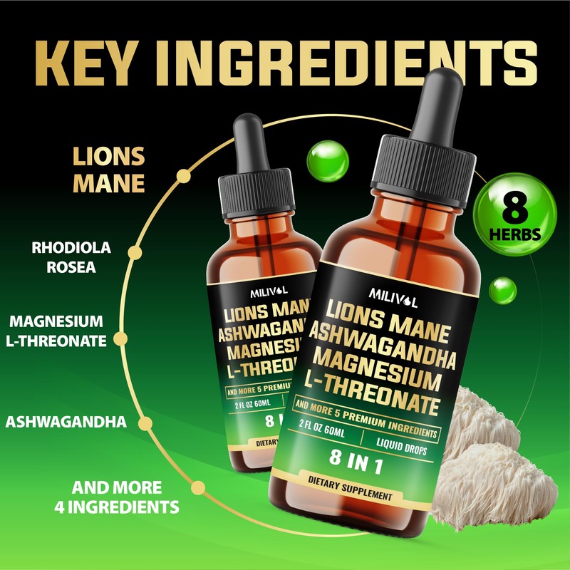 MILIVOL 8in1 Lions Mane Liquid Drops with Ashwagandha Root, Magnesium
