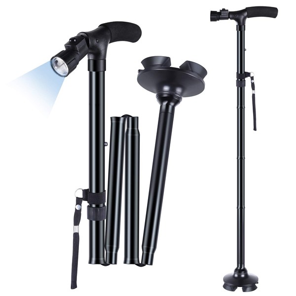 Walking Cane with LED Light: Ohuhu Folding Cane for Men Women Foldable Walking Stick with Strap Portable Adjustable Lightweight Free Standing Canes with Carrying Bag for Fathers Mothers