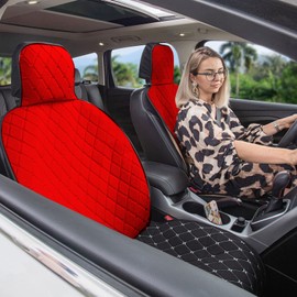 CAR PASS Linen Car Seat Cover Two Front, Anti-Slip Cotton Seat Cushion for Women,Rhombus Stitch Sideless Front Set Easy Install 30sec, Universal Fit for SUV Sedan Van Truck Vehicle（Red）