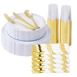 Fijinhom 350 PCS White and Gold Disposable Plates, Elegant Dinnerware Set for 50 Guests, 100 Plastic Plates, 150 Silverware, 50 Cups & 50 Paper Napkins, White and Gold