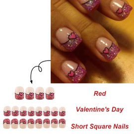 OHWODA Valentine’s Day Press on Nails Short Square Fake Nails, Cute Heart Press on Nails with Glitter French Tips Designs Glossy Pink Valentine’s Glue on Nails Acrylic False Nails for Women 24Pcs