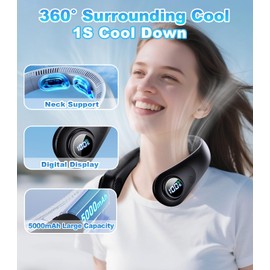 Portable Neck Fan With LED Display, Hands-free 5 Speeds Cooling, Neck Support, Lightweight, Battery Operated, Personal Bladeless Fan Rechargeable, Gift for Women Men, Hot Flashes, Travel, Camping