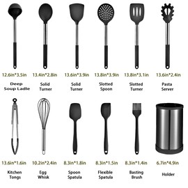 Keidason Kitchen Cooking Utensils Set, 12-piece Non-stick Kitchen Silicone Utensils Set Heat-resistant Stainless Steel Handle,BPA-Free, Kitchen Tool Set (Black)