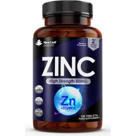 Zinc 50mg High Strength - Zinc Tablets with Copper, Pure Zinc Supplements Contributes Towards The Immune System, Bone Health and Fertility, Vegan, Non-GMO, Made in UK by New Leaf 120 Tablets