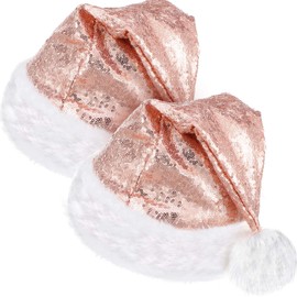SATINIOR 2 Pieces Christmas Hat, Unisex Velvet Fabric Christmas Hat, Santa Hat with Comfort Lining and Rose Gold Sequins for Adults, New Year, Christmas