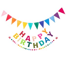 FILOEEX Happy Birthday Banner,3 Pieces Felt Ball Garland,Rainbow Happy Birthday Garland,2.5M Multicolor Bunting String Triangle Flags Bulk Rainbow Bunting for Birthdays Decor,Party Decor,Photo Prop