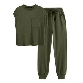 BTFBM 2 Piece Outfits for Women Summer Casual Short Sleeve Tops and Long Pants Lounge Sets Tracksuits(Solid Army Green,X-Large)