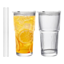 HZGGBKJO Reusable 20oz Glass Coffee Tumblers with Lids and Straws, 2 Pack - Vintage Textured Clear Iced Cups for Coffee Shop Accessories