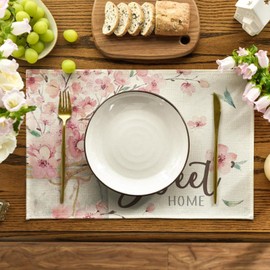 ZCHOMI Spring Pink Floral Placemats Set of 4, 12x18 Inch Home Sweet Home Seasonal Table Place Mats for Kitchen Dining Home Party Decor