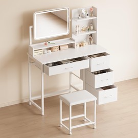 YeTom Vanity Desk with Mirror and Lights, Makeup Vanity Desk with 4 Fabric Drawers & Storage Shelves & Chair, 3 Color Modes & Adjustable Brightness, White Vanity, Vanity Set, Bedroom Furniture