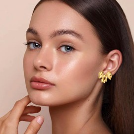 Gold Women Studs Earrings - 14K Gold Plated Personality Big Flower Studs Earrings, Stainless Steel Hypoallergenic Trendy Ear Ring, Christmas Valentine Day Birthday Jewelry Gift for Mother Girlfriend