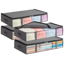 Lifewit 65L Under Bed Storage Containers 4 Pack, Foldable Clothing Storage Bags with Front Clear Window, Closet Organizers and Storage for Towels, Clothes, Blankets, Grey
