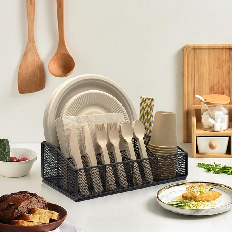 DysanVica Paper Plate Organizer for Countertop - Metal Silverware Caddy