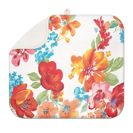 Floral Spring Dish Drying Mat for Kitchen Counter 16''x18''Microfiber Absorbent - Foldable, Quick-Dry, Non-Slip, Small & Compact Kitchen Drying Pad for Dishes, Utensils, and Cookware