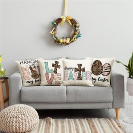 MODOVOS Bunny Eggs Peeps Easter Pillow Covers 18x18 Set of 4 Farmhouse Easter Decorations Happy Easter Flowers Spring Throw Cushion Case for Home Sofa Couch