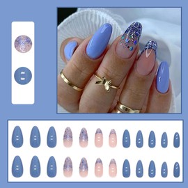 Pack of 24 Almond Nails for Sticking, Medium, Blue French Press On Nails, Artificial Nails, Oval Glitter Acrylic Fingernails, Fake Nails with Design, Summer False Nails for Women and Girls
