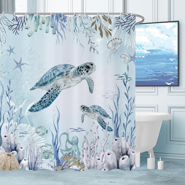 Caheansi Caheansi Sea Turtle Shower Curtain, Teal Blue Ocean Beach