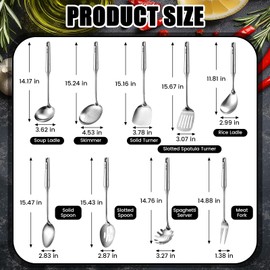 Teenyyou 9 Pcs 304 Stainless Steel Utensils Set with Wood Handle Metal Cooking Tool Spatula, Solid Spoon, Slotted Spoon, Fork, Ladle, Skimmer, Slotted Spatula Spaghetti(Silver,Stainless Steel)