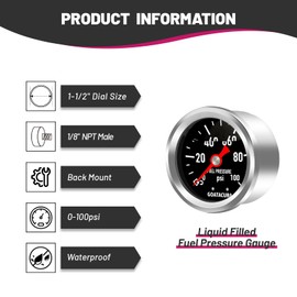 GOATACURA 0-100psi Glycerin Filled Fuel Pressure Gauge, 1-1/2" Black Dial Size, 304 Stainless Steel Case, 1/8" NPT Center Back Mount, with High Accuracy, for Measuring Fuel Pressure