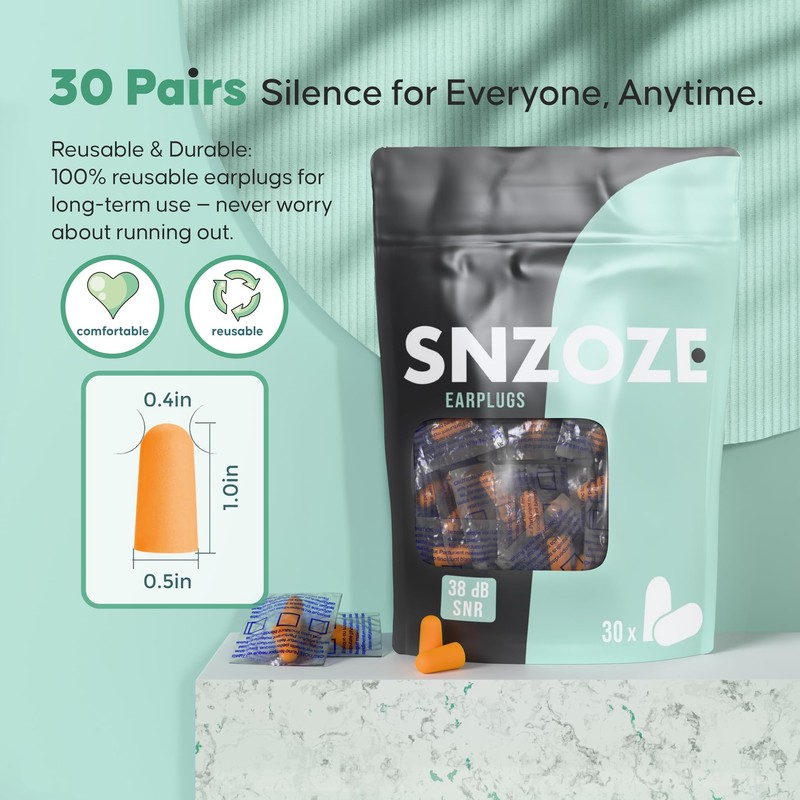 SNZOZE 30 Pairs Ultra Soft Foam Ear Plugs, Perfect for