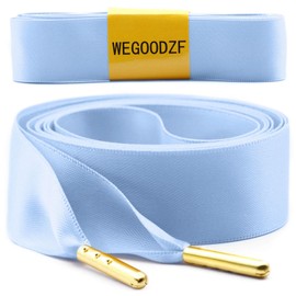 WEGOODZF Ribbon Satin Sneakers Shoelaces: 2 Pair 22mm Wide 47 inch Sky Blue + Gold Metal Tips Flat Silk Shoe Laces