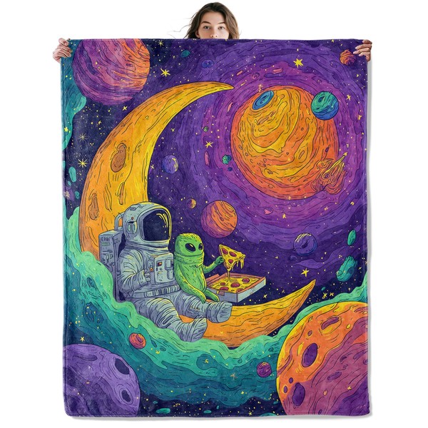 SOMEKLLY Astronaut and Alien Throw Blanket Soft Cozy Lightweight Flannel