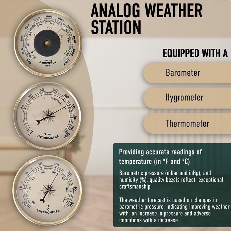 Classic Analog Weather Station-Home Barometers-Indoor Barometer-Barometer Hygrometer Thermometer-Traditional Weather Indicators-Home