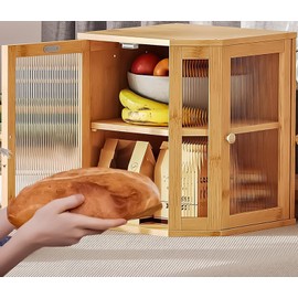 Corner Bread Box for Kitchen Countertop - Airtight Design Extra Large Double Layer Boxes, Vintage Storage Homemade Bread, Under Cabinet Organizer Counter, Bamboo Wood Capacity Bin,Natural BreadBox